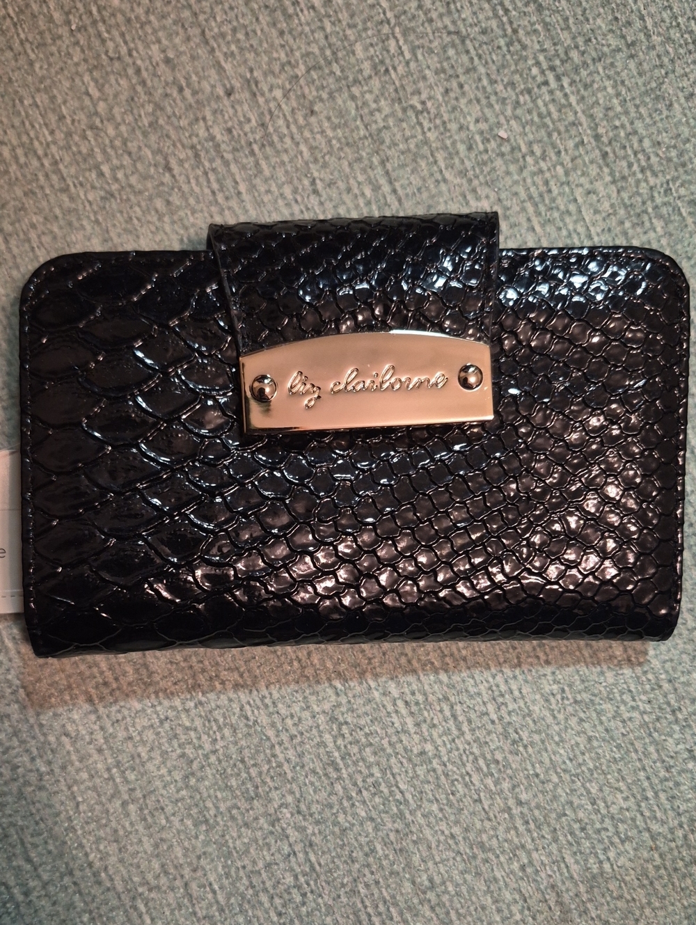 Liz Claiborne Black Faux Snakeskin Wallet with Gold Logo Plate